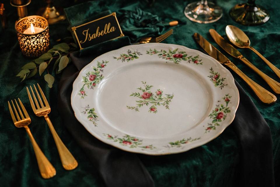 Moody dark green table setting