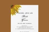 Yellow Sunflower Wedding Invitation
Customize it for your sunflower or summer wedding
Invite your friends and family to your upcoming nuptials with the pretty Yellow Sunflower Wedding Invitation. Personalize it with the names of the bride and groom and specific details of your marriage ceremony. Feel free to change the text, font or paper type to suit the needs of your wedding. This elegant custom flowery wedding invite features a floral photograph of yellow sunflowers adorning the corners with a white background. Perfect for a classy June, July or August summer