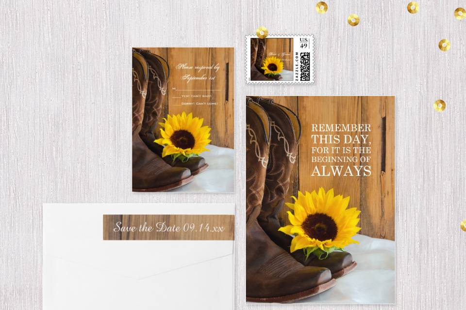 Set a casual yet classy tone for your rustic chic marriage ceremony and reception with the charming Country Sunflower Western Wedding Collection. Choose from wedding invitations, save the dates, envelopes, postage stamps, thank you notes and photo cards to create a coordinated nuptial stationery set. All custom wedding paper products feature a quaint floral photograph of a pair of leather cowboy boots and yellow sunflower blossom with a barn wood background.