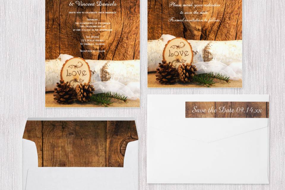 The Rustic Birch Tree and Barn Wood Wedding Collection is perfect to complement your casual yet classy outdoor woods or forest theme marriage ceremony and reception. Choose from custom wedding invitations, save the date announcements, postage stamps, rsvp cards, envelopes and thank you note cards. These charming wedding stationery products feature a digitally enhanced nature photograph of  a white birch tree branch, brown pine cones, green pine tree branch, wood slice with the word LOVE burned on it and a weathered barn wood background.