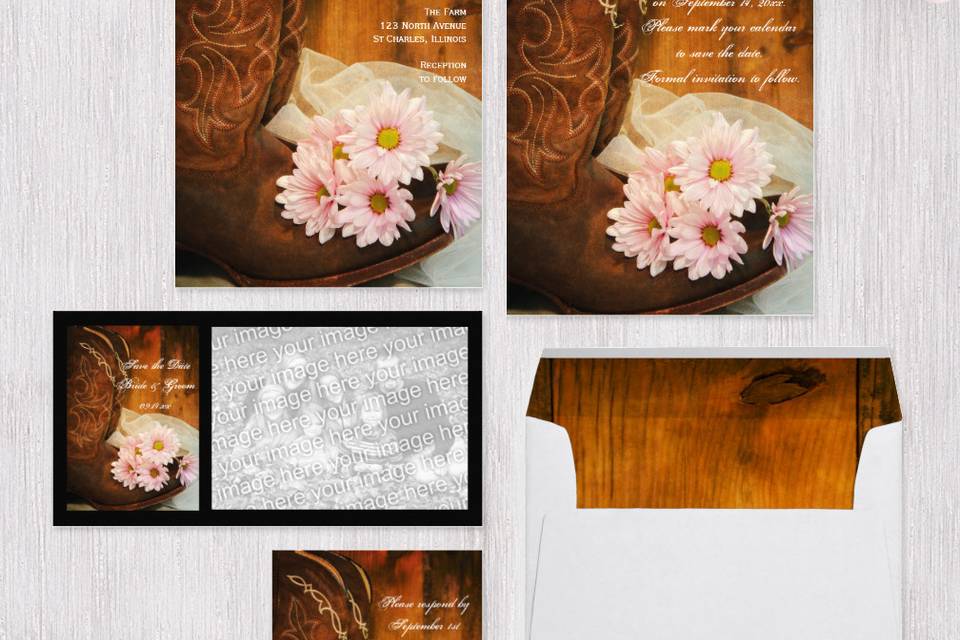 Set an informal yet elegant tone for your rural ranch theme marriage ceremony and reception with the charming Pink Daisies and Cowboy Boots Country Western Wedding Collection. These rustic wedding stationery products feature a quaint floral photograph of a pair or brown leather cowboy boots, bouquet of pink daisy flower blossoms and white bridal veil with a weathered brown barn wood background. Choose from wedding invitations, save the dates, envelopes, postage stamps, photo cards and more.