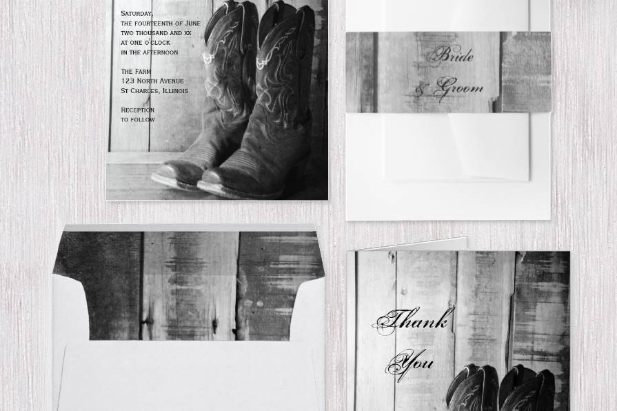 Set a casual yet classy tone for your upcoming ranch style marriage with the charming Rustic Cowboy Boots Country Western Wedding Collection of invitations, save the dates, envelopes, postage stamps and rsvp cards. Each custom nuptial paper product features a digitally enhanced black and white farm photograph of a pair of leather cowboy boots with a weathered barn wood background.