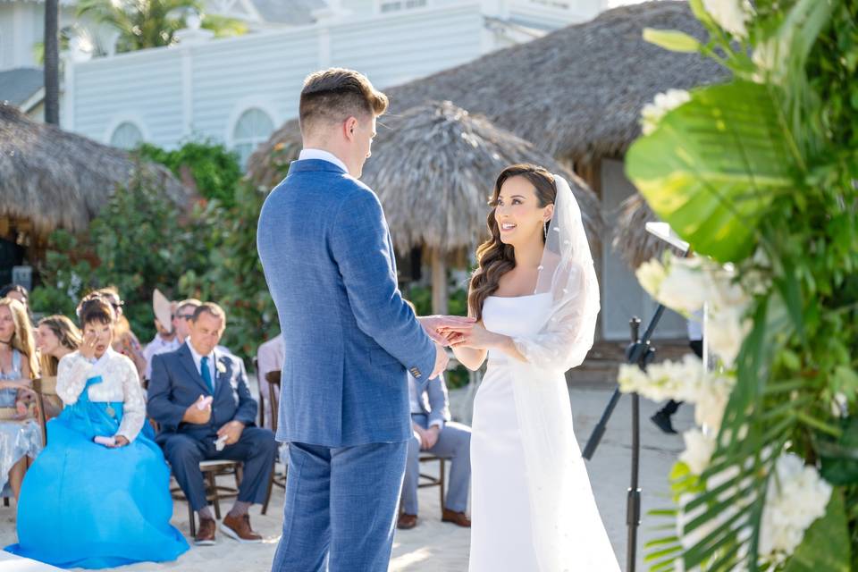 Wedding ring exchange moment