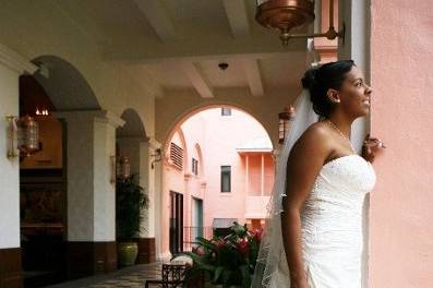 Bride looking on at the Royal Hawaiian in Waikiki, Oahu