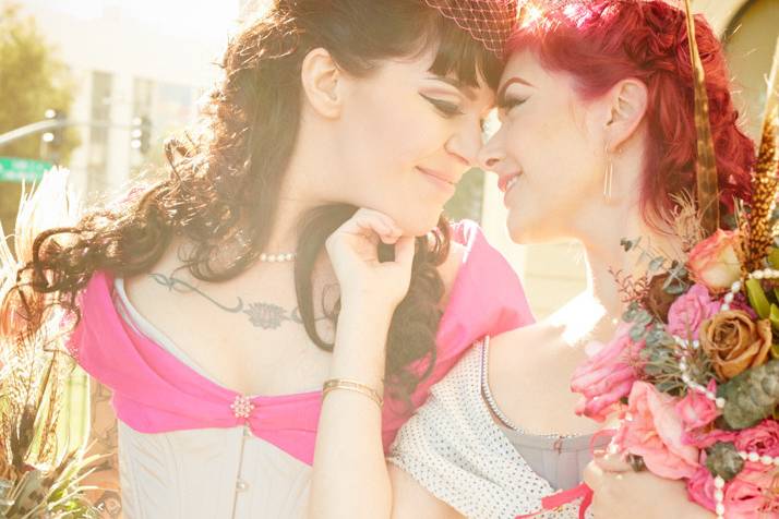 Real brides in Dollymop for Dark Garden (left) and Pop Antique for Dark Garden (right) corset gowns. Photo © Gaede-Glass Photography.