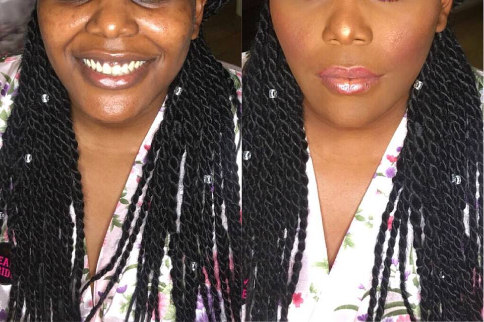 Hyper pigmentation and discoloration under the eyes and around the mouth is completely normal! Using my high end products and tools, I was able to successfully correct and conceal her hyper pigmentation while still achieving the rose gold look she wanted.