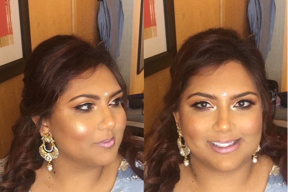 Indian bridal! This client requested a glowy, rose gold look! We went with extra glow so it can lasts the ENTIRE wedding ceremony and a pink-nude lip to compliment her eyeshadow.
