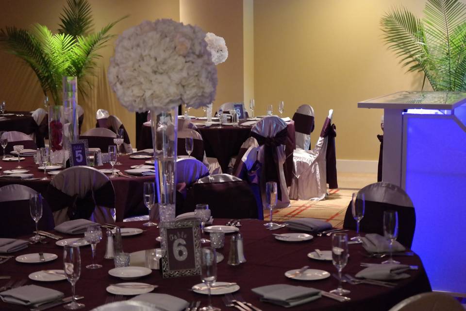 Beautiful ballroom Hilton wedding reception.  Romantic setting overlooking the sand and ocean.  Decorated in Eggplant, Ivory, Silver