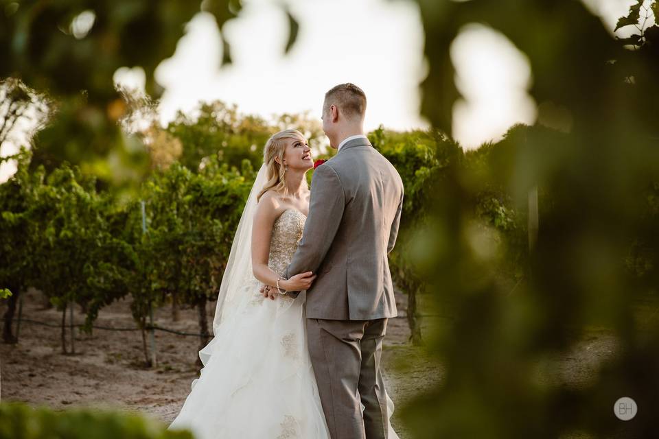 Couple embracing in an orchard