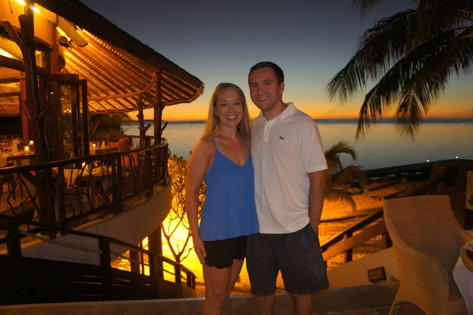 Honeymoon couple at sunset in Tahiti