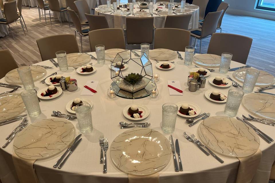 Table set with white linen