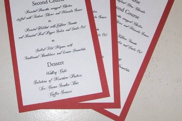Custom menu, coordinated with invitation with chandelier design.Beautiful final set, we also did escort cards and table numbers for a full cohesive look.