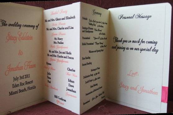 pulled out accordian style program 4 interior portions, can be made longer if you need. colors, paper, fonts etc all customized to you and your special day.