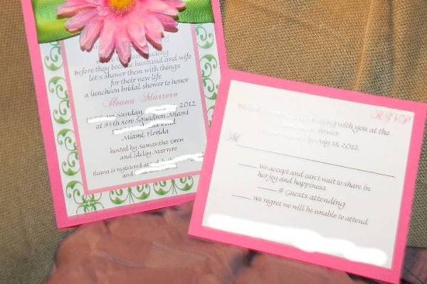 Fabulous spring bridal shower invitation, well can be invitation for any event (you pick), as seen done in pink and green but again you pick the colors, gerbera daisy in pink, with crystal center, custom rsvp invcluded.Email to talk about more fun ways to make it your own