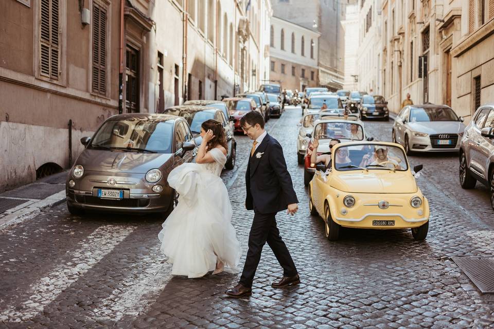 Bride and Groom Walking in Rom