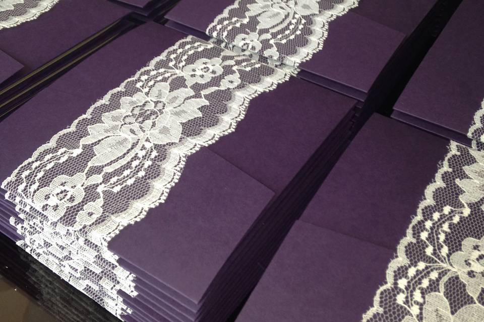 Dark purple pocket wedding invitations with ivory lace wrap