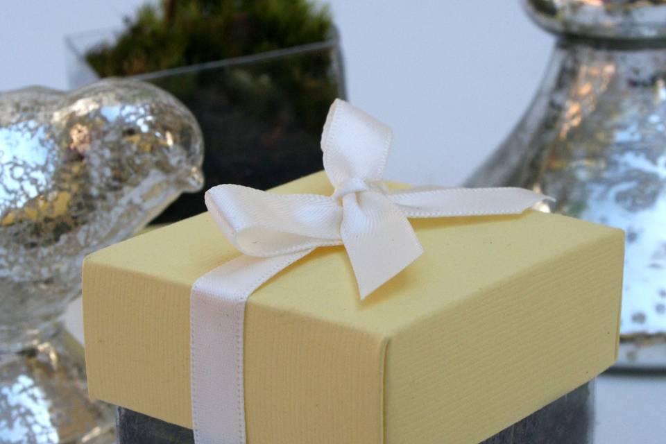 Wedding seed favor with yellow lid and ivory ribbon. Inside this petite box is a rooted oak tree seed carefully selected for your growing region. Upon leaving our farm it requires no care on behalf of the bride, but will need to be opened and watered three weeks after the wedding day. Care and handling instructions are included.