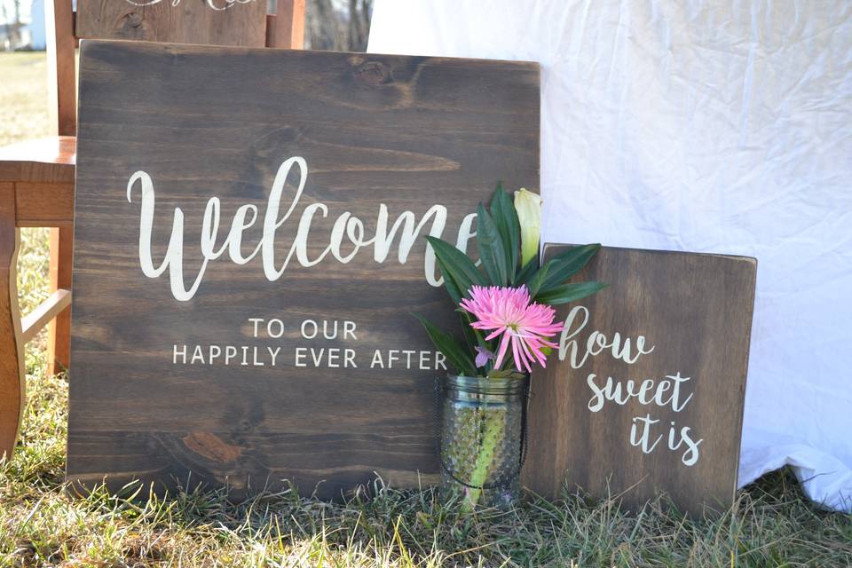 Welcome to Our Happily Ever After! Greet your guests with a hand painted Welcome Sign.