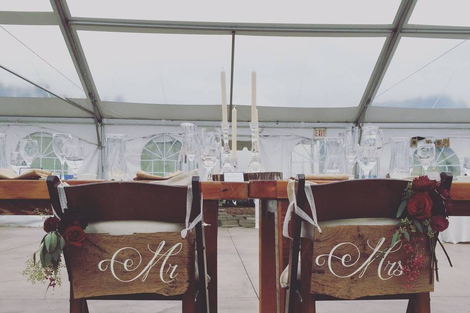 Mr and Mrs signs to hang on your head of the table chairs. Hand painted on barn wood and hung with delicate neutral ribbon.