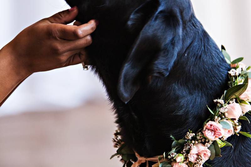 Sleeved wedding gown and bouquet