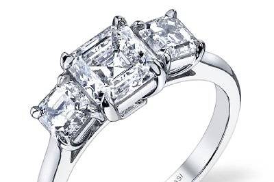 Scher - 3 stone hand-built Asscher ring. Perfect for engagements and anniversaries.