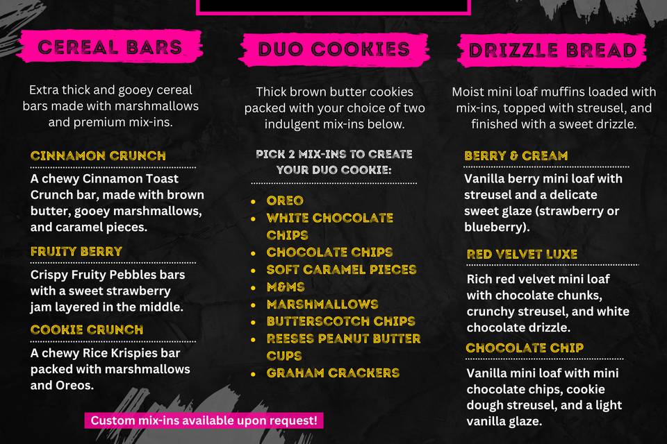 2026 Standing Menu