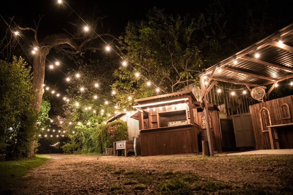 Twinkle lights light up the outdoor spaces