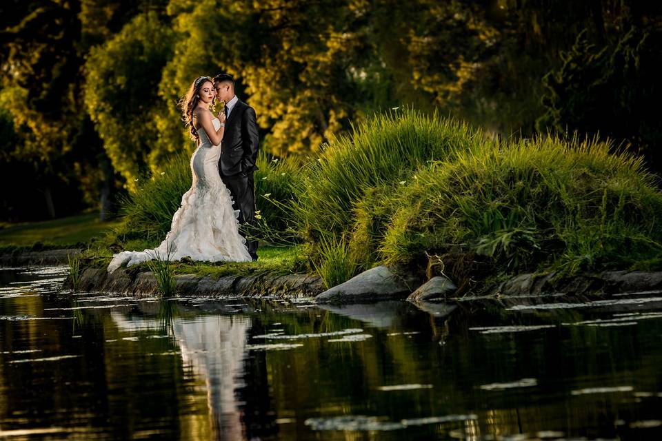 Newlyweds by the water