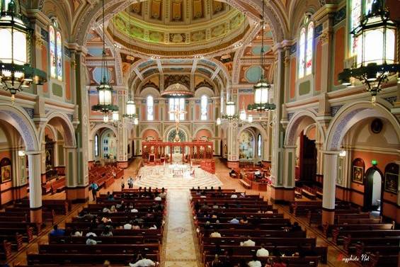 Aerial view of wedding ceremony at Cathedral of Blessed Sacrament, Sacramento, CA