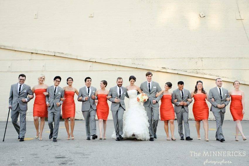 The couple with the bridesmaids and groomsmen