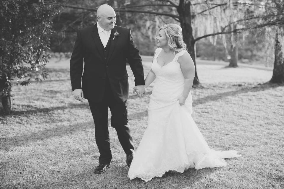 Newlyweds outside the barn