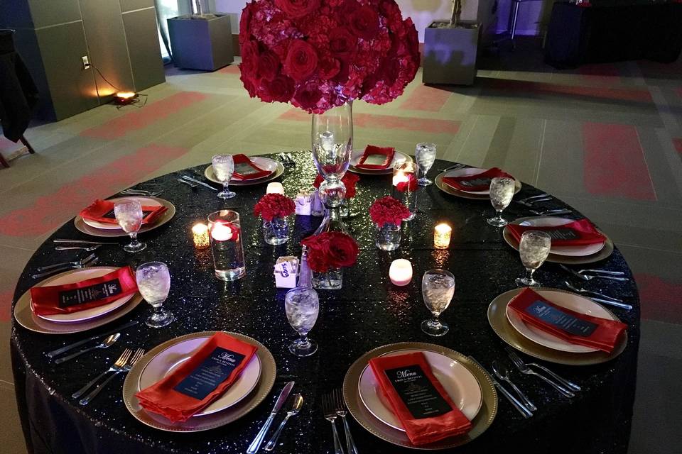 Red and black themed reception