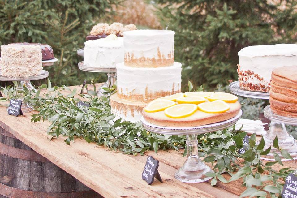 Brushed gold wedding cake with other eclectic dessert cakes.