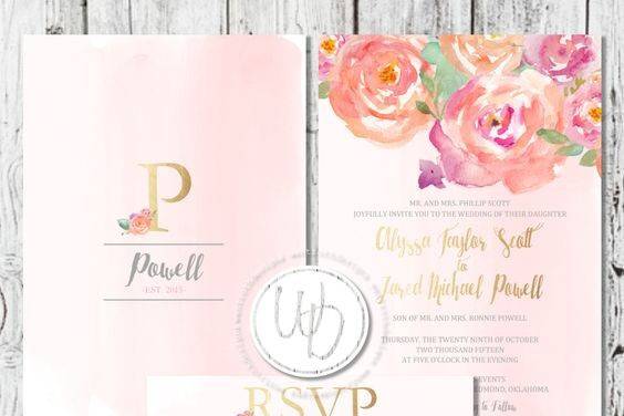 Pink watercolor floral wedding invitation and RSVP card by Trusner Designs, LLC
