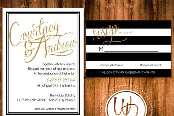 Modern black, white and gold striped wedding suite by Trusner Designs, LLC.