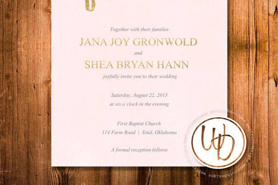 Blush and gold glitter wedding invitation by Trusner Designs, LLC