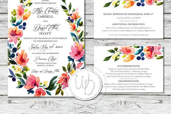 Watercolor floral wedding invitation suite by Trusner Designs, LLC