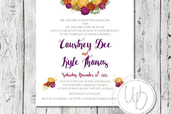 Fall floral wedding invitation by Trusner Designs, LLC
