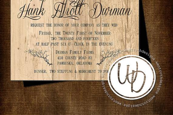 Rustic wood and antler wedding invitation by Trusner Designs, LLC