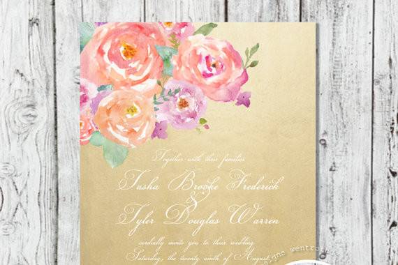 Metallic gold and watercolor floral wedding invitation by Trusner Designs, LLC