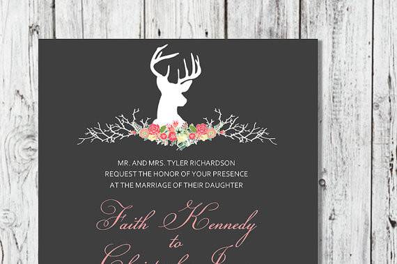 Deer and floral wedding invitation by Trusner Designs, LLC