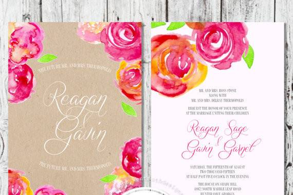 Pink watercolor floral wedding invitation by Trusner Designs, LLC