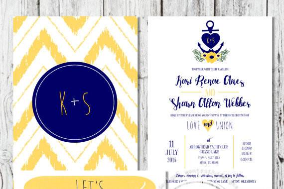 Navy and yellow nautical wedding invitation suite by Trusner Designs, LLC