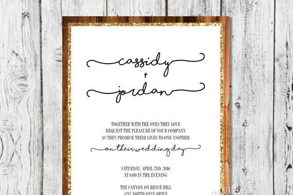 Wood and gold glitter wedding invitation by Trusner Designs, LLC