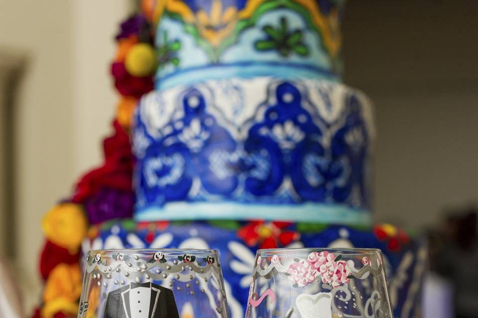 Wedding cake and wine glasses