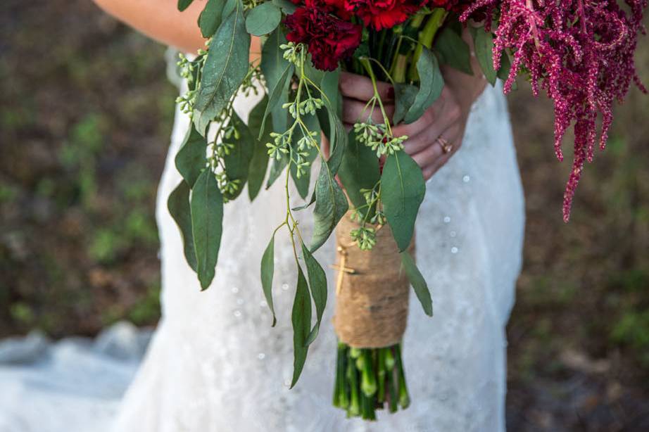 bridal bouquet, hanging amaranthus, carnations, peonies, lisianthus, ruscus