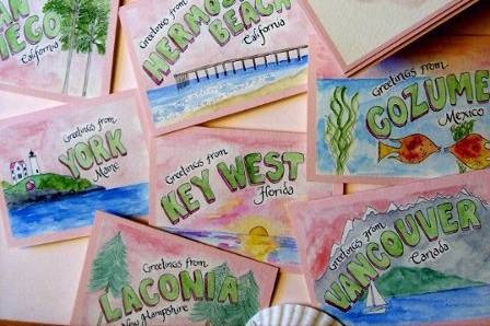 Table signs and menus for a Florida wedding...tables were named for places and signs were done in postcard style