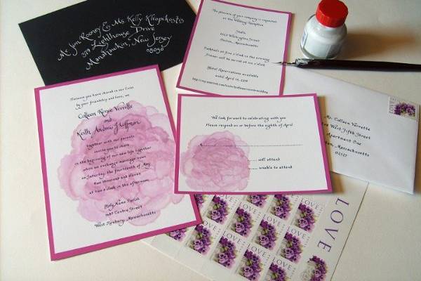 Colleen's invitations for black,white with hints of hot pink Wedding...white on black calligraphy was a standout!