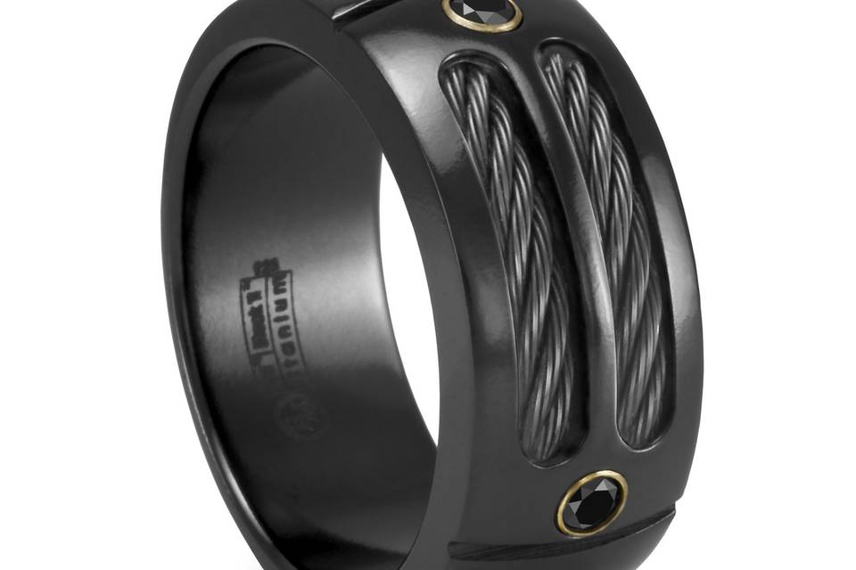 Black Titaium Ring with Black Cables and Black Spinels<br>An amazing ring design by Edward Mirell.  Your man will definitely stand out from the crowd with this bad boy on.