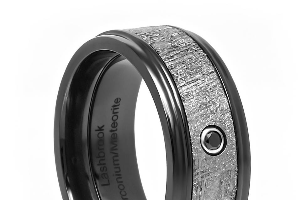 Black Zirconium & Meteorite Ring with Black Diamond<br>Black Zirconium ring set inlaid with Gibeon Meteorite.  Set off with a stunning black diamond.